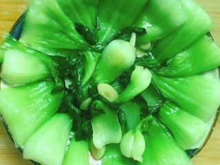 9、油菜豆腐,炒熟的油菜摆入盘中