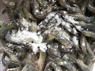 5、芦笋花炒小河虾,小河虾腌制好后放入玉米淀粉搅拌均匀