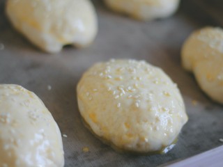 7、美式香肠热狗,发酵好的面团表面刷蛋液，撒芝麻。