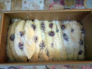 12、蔓越莓炼乳吐司,撒上椰蓉，放入预热好的烤箱底层180度烤40分钟左右