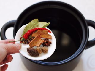 4、香卤五花肉,先放入香叶，桂皮和八角，花椒和草果，还有肉蔻。