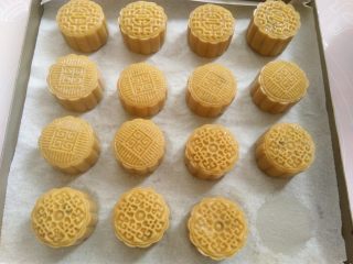 16、椰蓉蔓越莓月饼,所有月饼全部做好以后用喷水壶喷一点点水，静置10分钟，同时预热烤箱180度