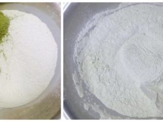 4、杏花楼咸蛋黄肉松网红青团,把所有糯米粉、澄粉、抹茶粉混合在一起