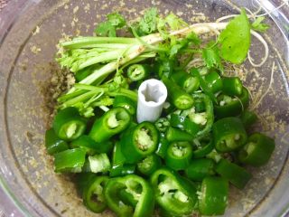 10、泰式青咖喱酱·东南亚风味,下辣椒和香菜茎根段，继续搅打。