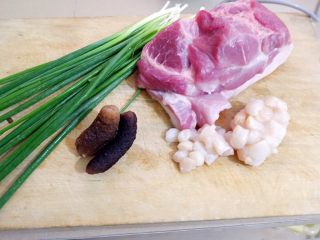 1、粤式瑶柱海参云吞,肉馅材料大致如图。瑶柱可以用干的瑶柱泡发以后来替代。但是做法上稍微有点区别。