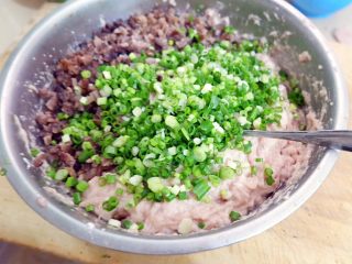 9、粤式瑶柱海参云吞,再加上葱花，一起拌匀，馅料就做好了