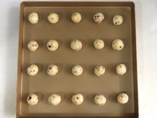 14、蔓越莓玛格丽特,冷藏后取出饼干面团,分成20等份,用双手搓成圆球状,一一摆入烤盘内。