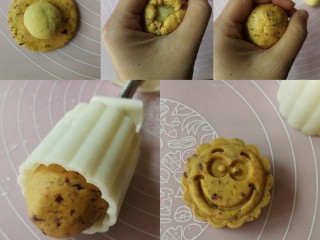 7、表情包双味南瓜饼,将蔓越莓面团的小剂子压扁放上原味绿豆沙，利用虎口将面团边沿慢慢往上推，把豆沙包入后收圆，模具装入花片后，在模具内壁和花片上撒适量手粉防粘，抖去多余手粉后，将包好豆沙的面团放入模具，垂直放在平面上，轻压到底，然后拎起模具的同时将南瓜饼轻轻推出，一个南瓜饼就做好了～