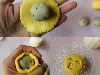 9、表情包双味南瓜饼,按照同样的方法包好豆沙，然后装入饼模印出花纹