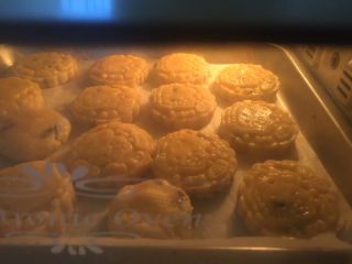 14、蔓越莓椰蓉月饼,烤箱200度先烤六分钟定型、刷一层蛋黄液。中层200度烤十五分钟