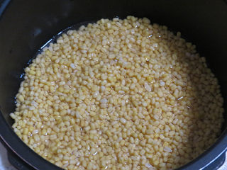 3、消暑小食【蔓越莓绿豆糕】,浸泡好的绿豆放电压力锅内，放水；水量不要超出绿豆