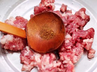 3、西葫芦猪肉发面包,取一个大一点的盆子，把猪肉馅放入盆中，加入花椒粉。