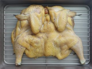 7、烤脆皮鸡,然后再开电风扇把表面的皮吹干，这样大概需要1个小时左右，也可以用电吹风机的冷风吹干表面，这样能省时间