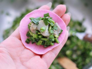 16、牡蛎韭菜粉嫩饺子,擀好的面皮里，放入适量的馅料。