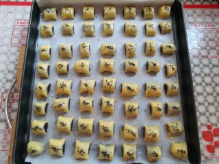 13、枣泥一口酥,所有的枣泥酥放入垫了油纸的烤盘里，刷上一层薄薄的蛋液，撒上适量的芝麻