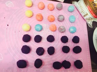 2、彩色冰皮月饼,将面团和准备好的紫薯馅分别做成25g小团。