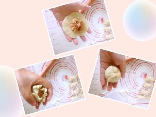 14、鲜肉月饼,把面皮放在手上，让光滑的一面朝外，放入肉馅，将肉馅裹入面皮里，用另一只手的虎口收口，收口要捏紧