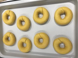 14、南瓜圈圈面包,收口往下排入烤盘，入温暖湿润处进行二次发酵。