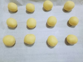 11、玛格丽特饼干,取一小块面团,揉成小圆球,如图。摆放在铺有油纸的烤盘中。