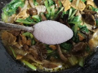 15、肉炖榛蘑小白菜,倒入与菜持平的水，并放入一小勺盐中火炖至收汤