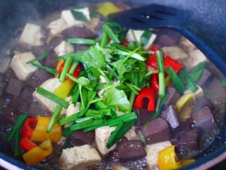 15、双椒烩双色豆腐,看见红椒和黄椒变色断生的时候,放入香菜段和韭菜段。