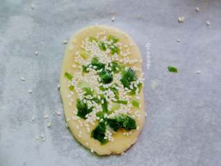 7、葱花油酥饼,擀成方形,刷上一层蛋液,撒上白芝麻和葱花