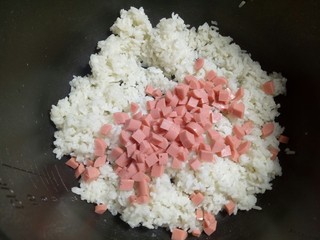 2、#圆土豆#火腿黄金炒饭,然后把切好的火腿肠碎放进去,我也加入了一点点土豆碎,忘了拍