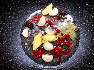 9、大盘鸡,热锅凉油，加入图六的所有香料小火炒出香味
