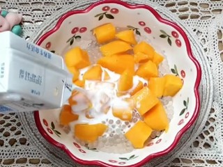 9、芒果西米捞,放入椰子半盒，牛奶一盒。