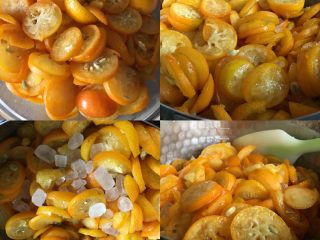 4、止咳化痰的金桔酱,腌制好了取出来放入不粘锅加入剩下的冰糖中小火熬煮，清水可以分两三次加