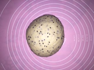 6、黑芝麻椰蓉面包棒,发酵好后，将面团取出来排气，滚圆后盖上保鲜膜松弛15分钟