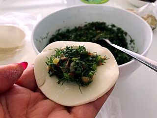 7、茴香饺子，最美的遇见,饺子皮中间放入适量馅。