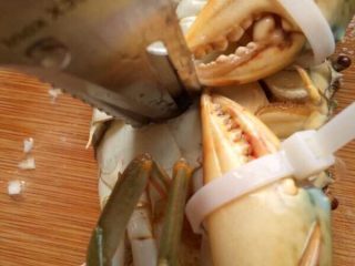 3、潮汕虾蟹排骨砂锅粥,收拾螃蟹，先用剪刀在螃蟹中间扎一刀下去，它就不动弹了.