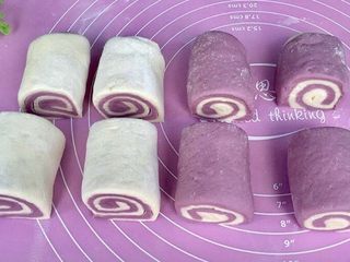 7、双色紫薯馒头,用锋利的刀切均等的卷卷，盖上保鲜膜二次发酵15-20分钟即可