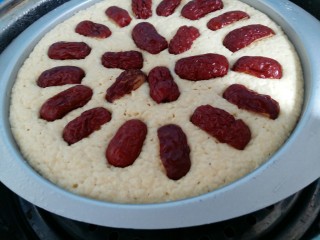 14、玉米面发糕,把红枣皮朝上，放在面糊上面摆好。然后开火蒸，大火烧开转中火蒸30分钟。关火后等5分钟再打开盖子。