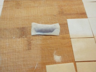 8、新文美食 骨汤三鲜馅混沌,放入馅料,对折在捏紧,然后两个角在捏紧。