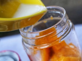 5、百变水果 芒果冰格,取果汁机倒入果汁机杯中。