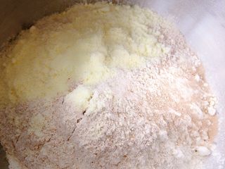 1、全麦香葱花卷,面粉全麦粉奶粉酵母一起放盆里