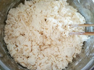 2、梅菜猪肉包,边加水边搅拌，搅拌至面粉成絮状再用手揉面