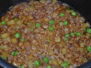 17、懒人美食之～肉末洋葱双豆焖饭,加入和材料持平的水，开启电饭锅煮饭程序