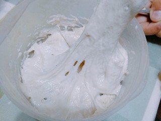 3、奶香吐司,如果大家有时间等待,可以盖保鲜膜放室温发酵三到四个小时,如果没时间等,就放冰箱冷藏室发酵17到20个小时左右,具体不是看时间,还是看发酵状态,拉起面团,有蜂窝状就可以了,图中是我发酵17个小时的状态,蜂窝状不是很明显,不过之后的吐司也做的很好,我是头晚10点调好波兰种放进冰箱冷藏到第二天下午6点拿出来的。