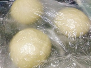 7、奶香吐司,不需要发酵两倍大,直接平均分成三等分 整成圆形 盖保鲜膜松弛15分钟