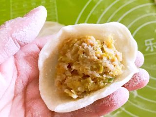 23、东北酸菜饺子,取一勺酸菜猪肉馅放在饺子皮上，包成弯弯的蒸饺