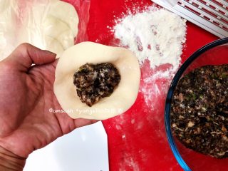 10、黑木耳肉末包子,取一张包子皮码上适量的馅料