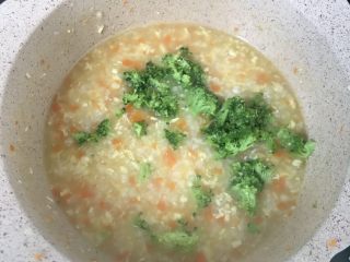 10、宝宝鸡肉粥,最后下西兰花再煮一分钟就可以了