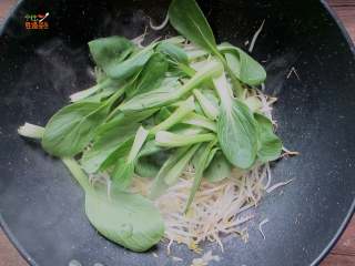 9、秘制炒凉皮,豆芽炒软后倒入青菜快速翻炒