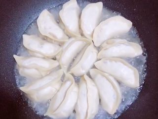 5、鸡蛋抱饺,大火烧开水后，转至小火。盖盖儿煎熟饺子。