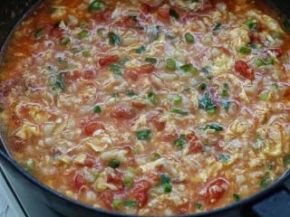 9、西红柿面疙瘩,然后调入生抽、盐、香油，最后撒入葱花关火即可。