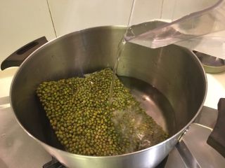 8、清凉一下绿豆汤,直接放进汤锅，加1500cc的水，中小火，冷水煮起