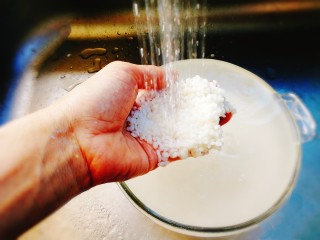 11、荷香糯米排骨,将泡好的糯米冲洗干净